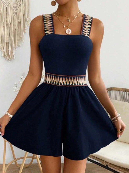 Pants - Navy Chevron Embroidered Strap Romper Sz Large